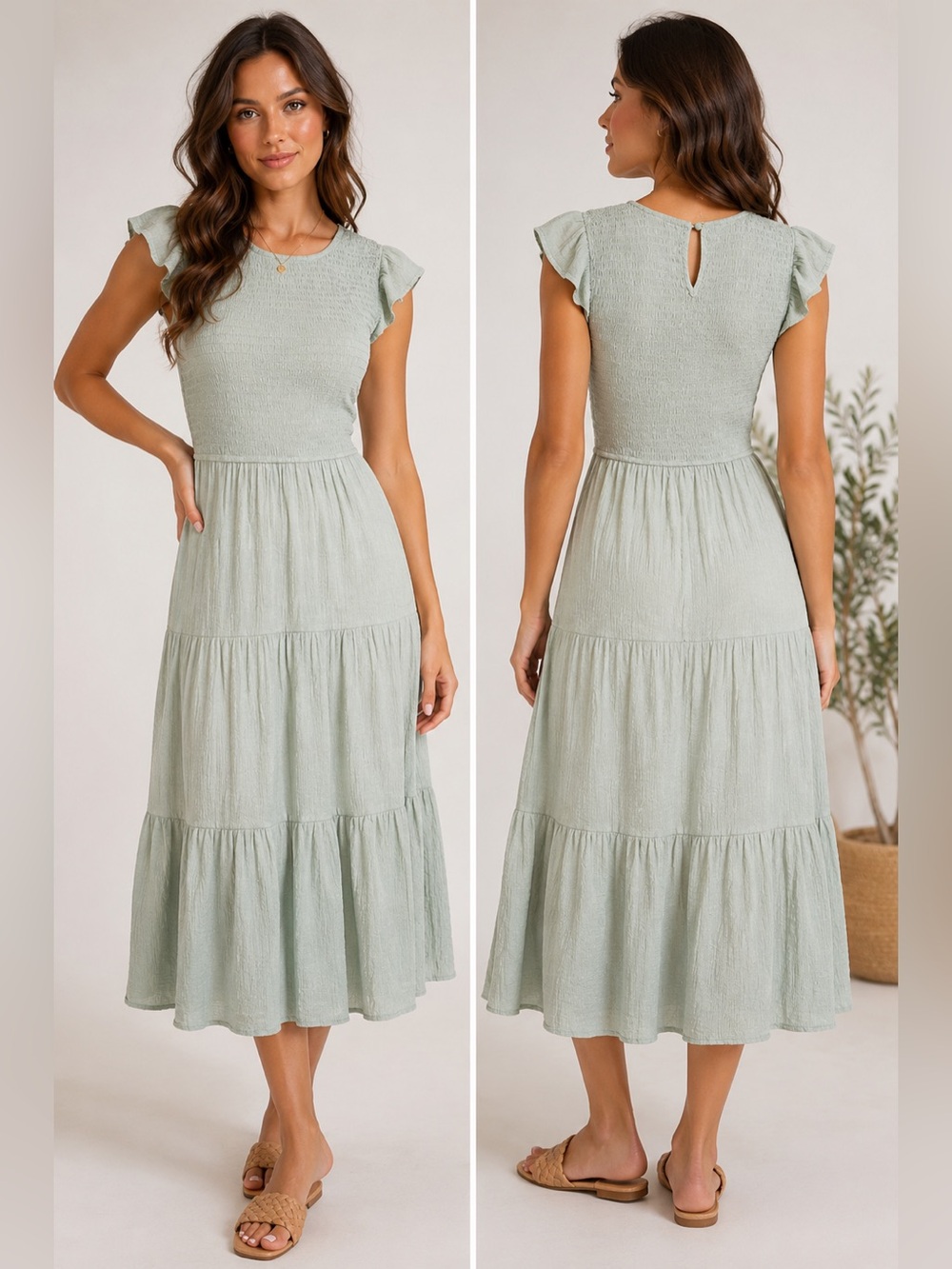 By the River Smocked Sage Green Flutter Sleeve Midi Dress